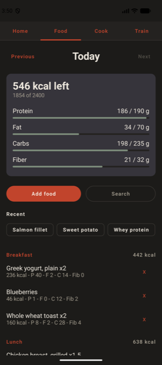 The LIFT Android food log for a day, grouped by meal with calories and macros per entry