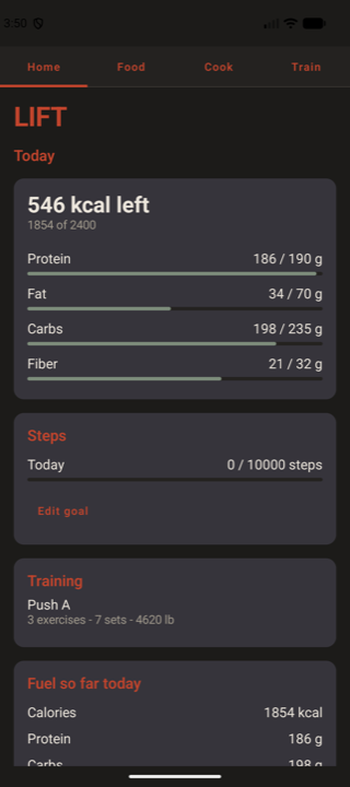 The LIFT Android home screen showing 546 kcal left of a 2,400 goal, macro bars, steps and the day's session