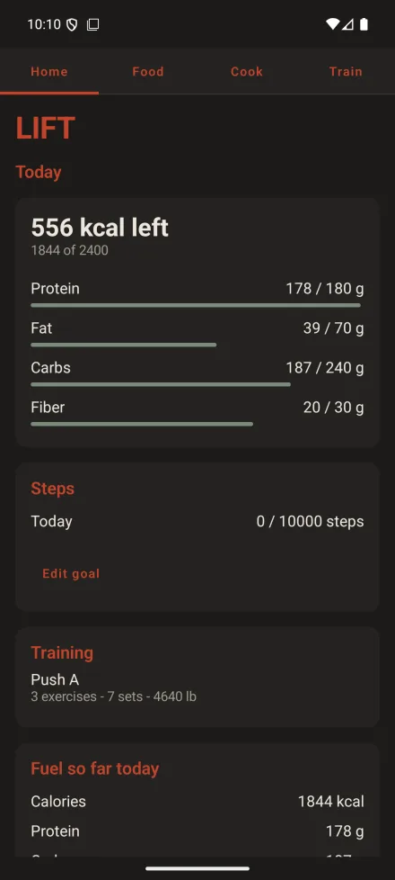 The LIFT Android home screen showing 556 kcal left of a 2,400 goal, bars for protein, fat, carbs and fibre, a steps row and the day's Push A session