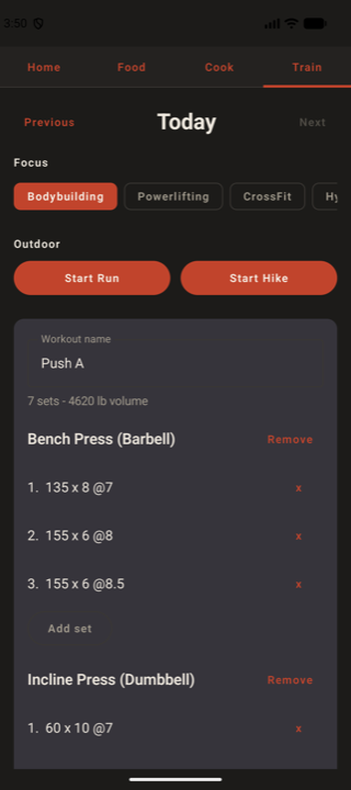The LIFT Android Train tab with focus modes, Start Run and Start Hike, and a Push A session with its sets