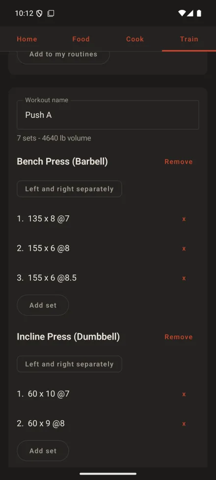 A Push A session open in the LIFT Android Train tab, reading 7 sets and 4640 lb volume, with Bench Press (Barbell) and Incline Press (Dumbbell) and every set's weight, reps and RPE