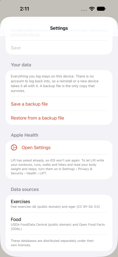 LIFT's Settings on an iPhone: the Apple Health section says Lift has asked already, so iOS won't ask again, and explains where to turn access on in Settings, with an Open Settings button