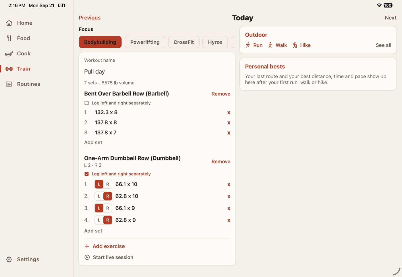 LIFT's Train tab on an iPad in landscape: the sidebar and the workout share the same cream background, with the day's lifts on the left and Outdoor and Personal bests on the right