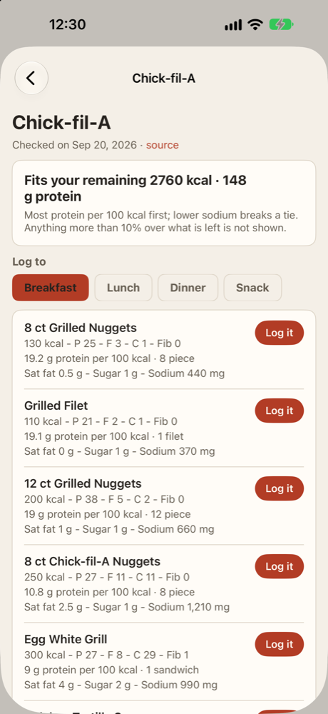 Chick-fil-A in Road Food: a line reading Fits your remaining 2760 kcal and 148 g protein, then grilled nuggets and a grilled filet at the top of the list, each with its calories, protein per 100 kcal and sodium, and a Log it button
