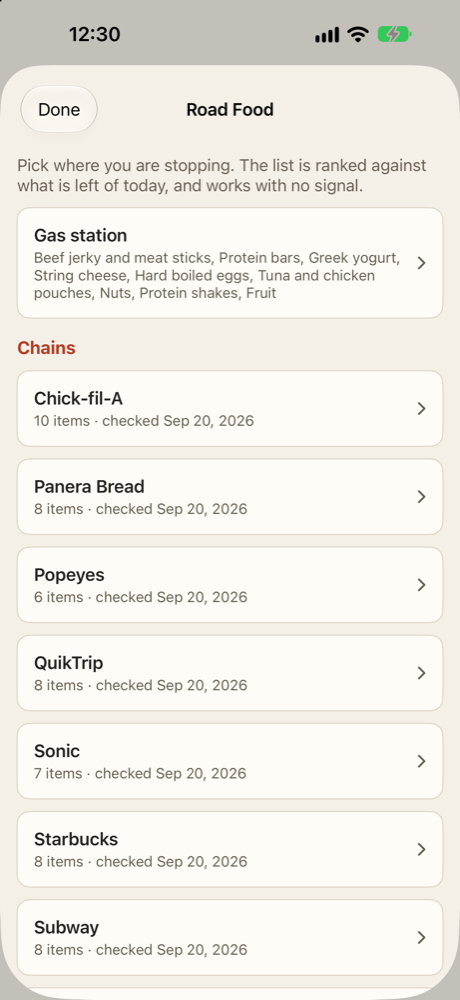 The Road Food screen in LIFT on an iPhone: a Gas station entry listing jerky, protein bars and Greek yogurt, then a list of chains, each showing how many items it has and the date its numbers were checked