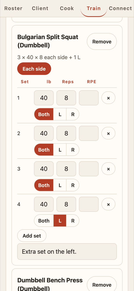 LIFT Coach's workout editor on a phone: a Bulgarian Split Squat marked Each side, reading 3 × 40 × 8 each side + 1 L, with four set rows — three set to Both and a fourth set to L — and a note reading Extra set on the left