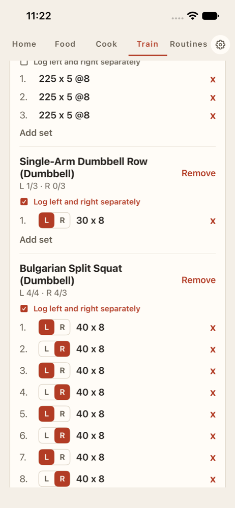 LIFT on an iPhone during a session: a Single-Arm Dumbbell Row showing L 1/3 · R 0/3 and a Bulgarian Split Squat showing L 4/4 · R 4/3, with each logged set marked L or R