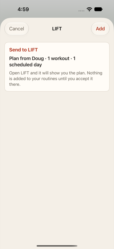 Sharing a link to LIFT on an iPhone: a Send to LIFT card reading Plan from Doug, 1 workout, 1 scheduled day, and explaining that opening LIFT will show the plan and nothing is added until you accept it