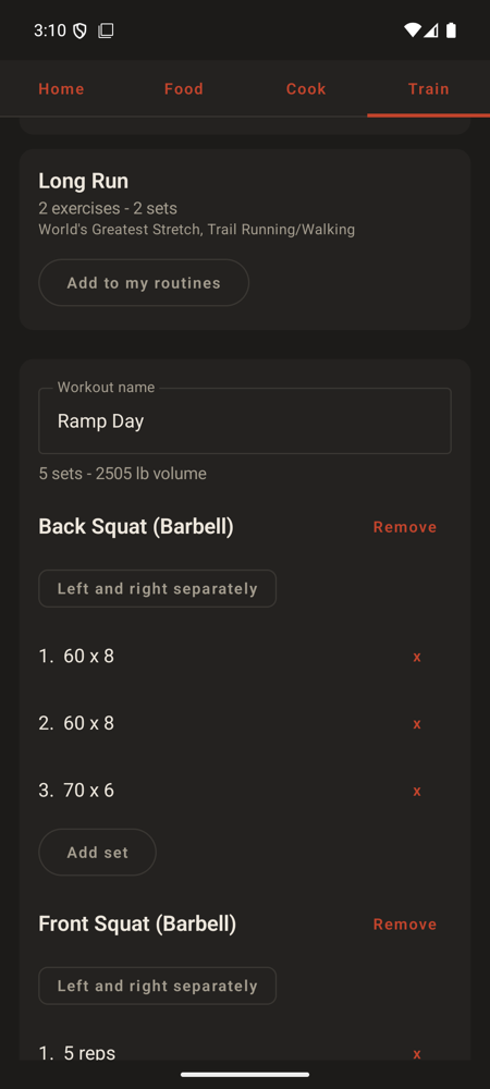 LIFT on Android in a session: a Back Squat from a coach's plan listing three different sets, 60 × 8, 60 × 8 and 70 × 6