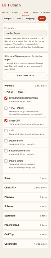 LIFT Coach on a phone, in Cook's Road section: Wendy's opened for Jordan Reyes with tick boxes beside Grilled Chicken Ranch Wrap, 4 PC. Tenders, Large Chili and other items, four of them ticked, and a summary saying 5 items at 3 places picked