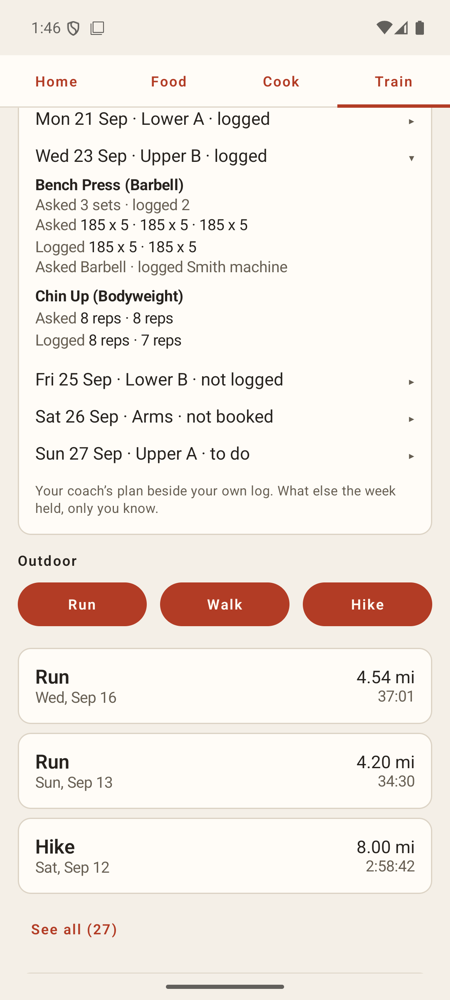 LIFT on an Android phone, Train tab: a week card with Mon 21 Sep logged, Wed 23 Sep logged and open showing Bench Press asked 3 sets and logged 2 with a line reading Asked Barbell, logged Smith machine, and Chin Up asked 8 reps and 8 reps against logged 8 reps and 7 reps, then Fri 25 Sep not logged, Sat 26 Sep Arms not booked, and Sun 27 Sep Upper A to do