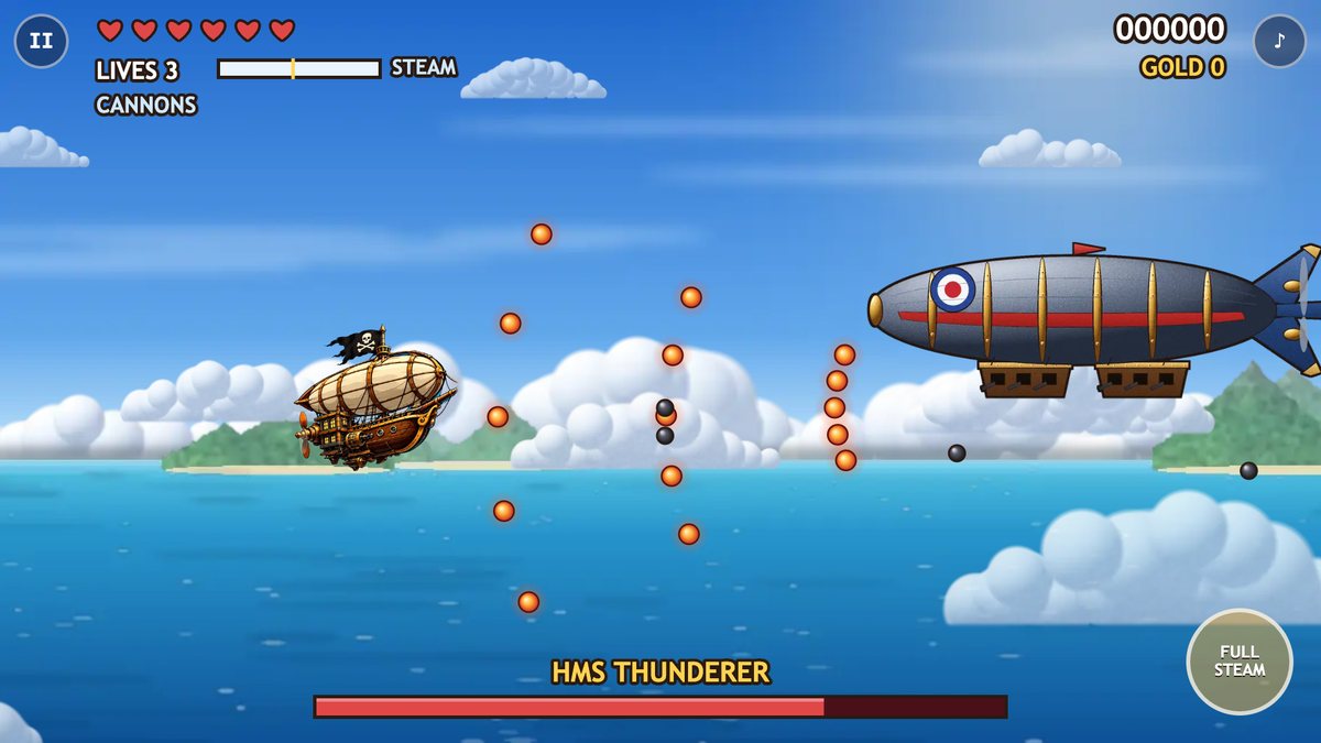 Cloud Dancer on a phone: the painted pirate airship over a tropical sea, facing HMS Thunderer, a huge brass-banded navy zeppelin with a red war stripe, as glowing enemy shots fan out between them; the boss health bar along the bottom and a FULL STEAM button at the bottom right