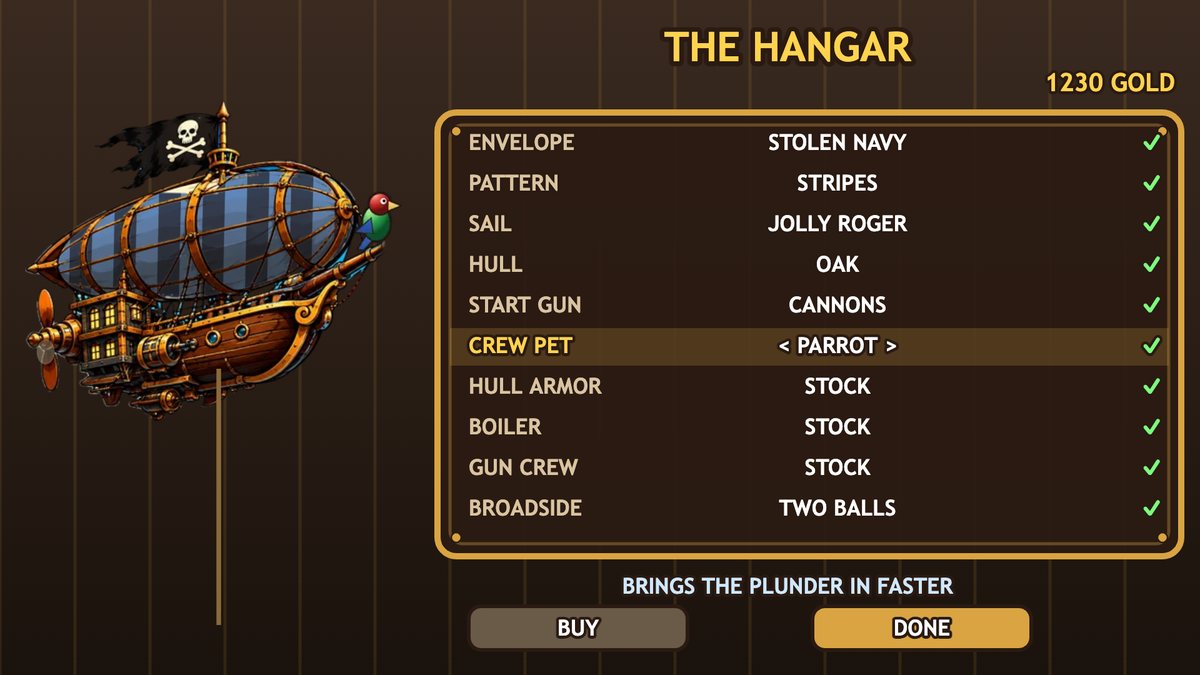 The Hangar: the painted airship with a blue striped envelope and a parrot on the bowsprit, beside a list of choices: envelope, pattern, sail, hull, starting gun, crew pet, hull armor, boiler, gun crew and broadside