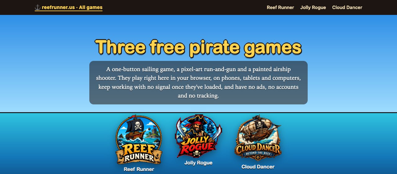 The top of the reefrunner.us home page: Three free pirate games, a short introduction, and the Reef Runner, Jolly Rogue and Cloud Dancer logos above a cartoon sea