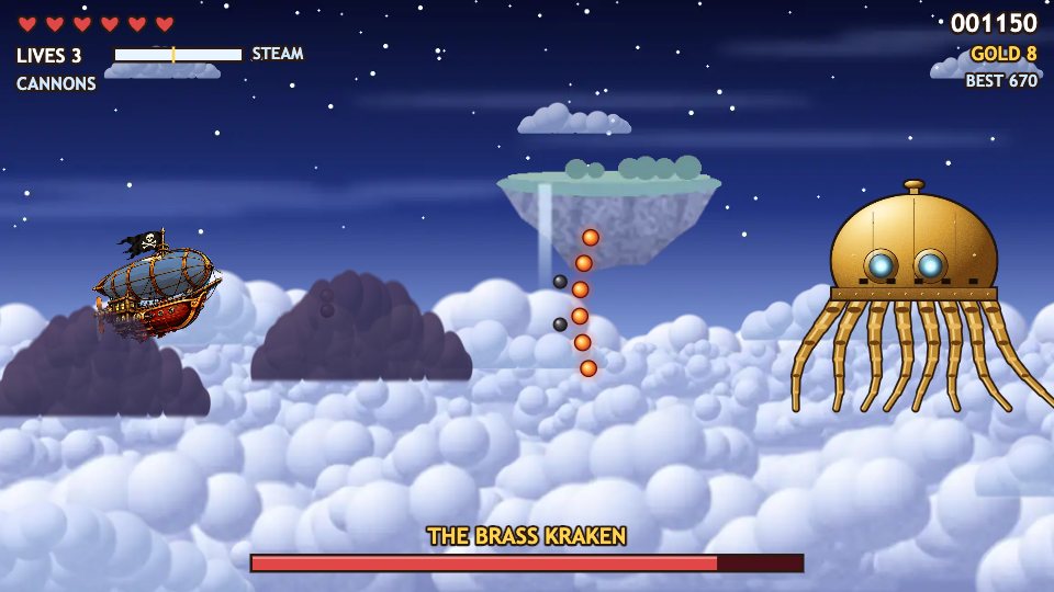 The Ceiling of the World: a starry night sky over a sea of clouds with a floating island and a waterfall, the painted airship on the left, and the Brass Kraken on the right, a riveted brass dome with glowing blue eyes and eight clockwork tentacles, firing a column of glowing shots