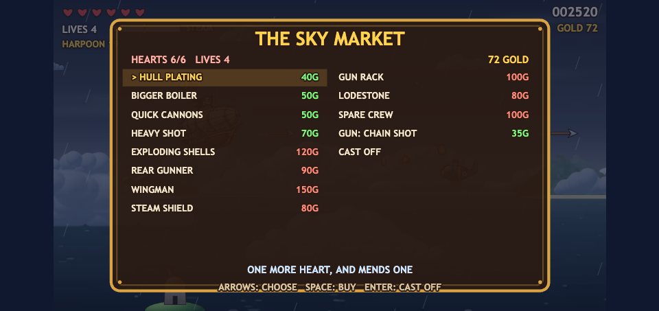 The Sky Market in two columns: hull plating, bigger boiler, quick cannons, heavy shot, exploding shells, rear gunner, wingman and steam shield on the left, and gun rack, lodestone, spare crew, a chain-shot gun and cast off on the right, each with its price in gold