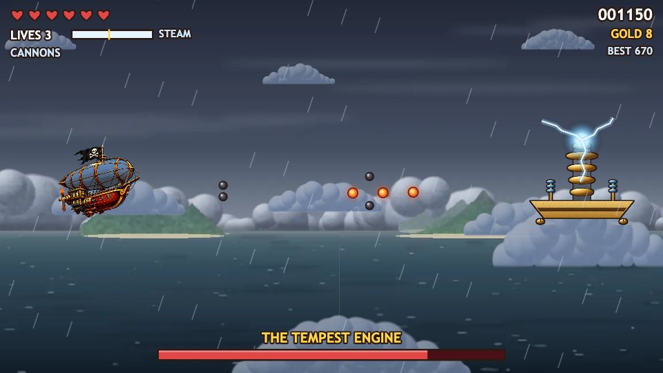 The Storm Wall in the rain: grey storm clouds over a dark sea, and the Tempest Engine on the right, a brass platform on a storm cloud with a coil of brass rings and a crackling lightning orb, facing the airship on the left