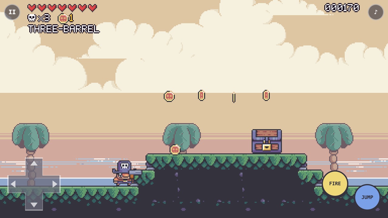 Jolly Rogue on a phone held sideways: the captain in a purple hat aiming a three-barrel pistol on a grassy island with palm trees, gold coins floating above and a treasure chest on a ledge ahead; seven hearts, lives and gold in the top corner, a see-through D-pad bottom left and round FIRE and JUMP buttons bottom right