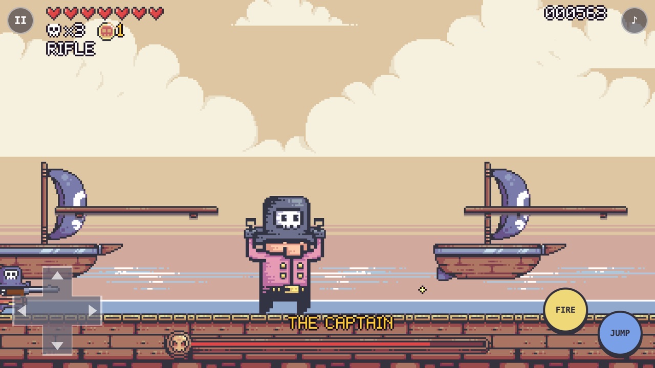 Jolly Rogue boss fight on the merchant ship's deck: a big pirate captain in a pink coat and skull hat with his arms raised, a health bar labelled THE CAPTAIN along the bottom, and small sailing ships on the sea behind