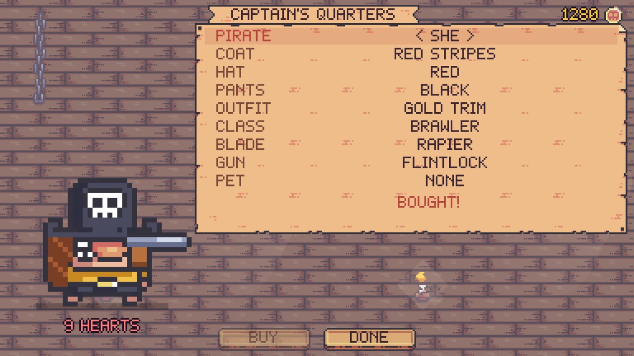 The Captain's Quarters screen: a large pixel-art she-captain on the left and a parchment list of choices on the right, with rows for Pirate, Coat, Hat, Pants, Outfit, Class, Blade, Gun and Pet, and BUY and DONE buttons at the bottom