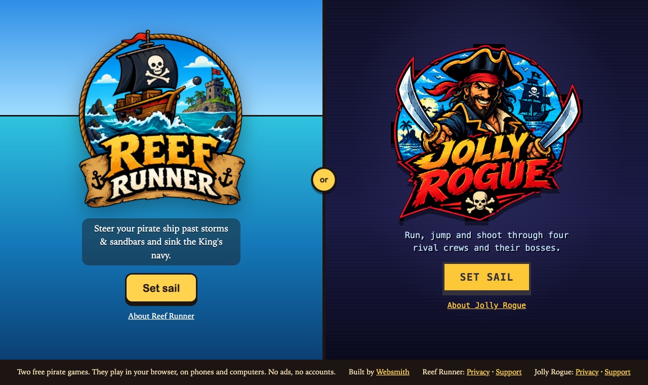 The reefrunner.us home page on a computer: the left half shows the Reef Runner logo over a cartoon sea with the line Steer your pirate ship past storms and sandbars and sink the King's navy, a Set sail button and an About Reef Runner link; the right half shows the Jolly Rogue logo on a dark blue background with the line Run, jump and shoot through four rival crews and their bosses, a SET SAIL button and an About Jolly Rogue link; a gold coin reading or sits on the line between them