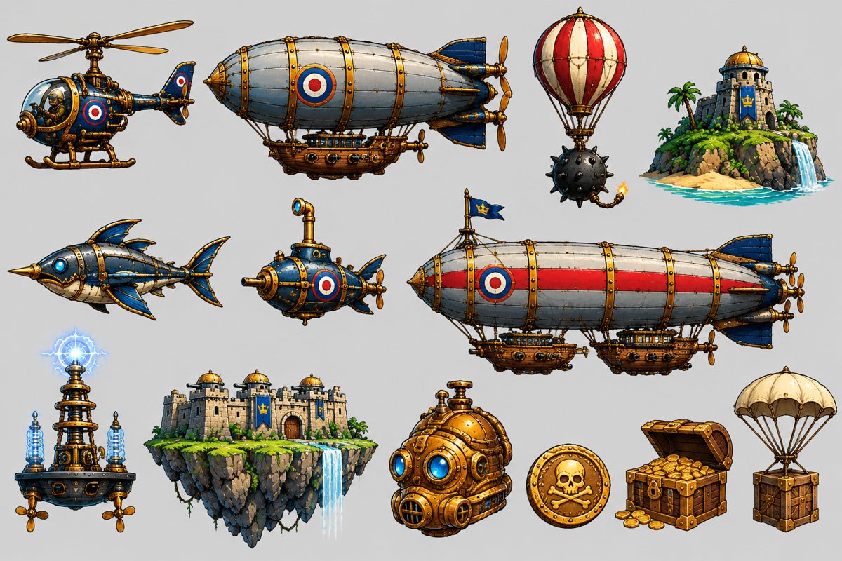 The Cloud Dancer art sheet: thirteen painted objects on a plain grey background, including a navy gyrocopter, a zeppelin, a balloon mine, a flak tower, a sky pike, a cloud lurker, HMS Thunderer, the Tempest Engine, Fort Sovereign, the Brass Kraken, a gold coin, a treasure chest and a parachuting gun crate
