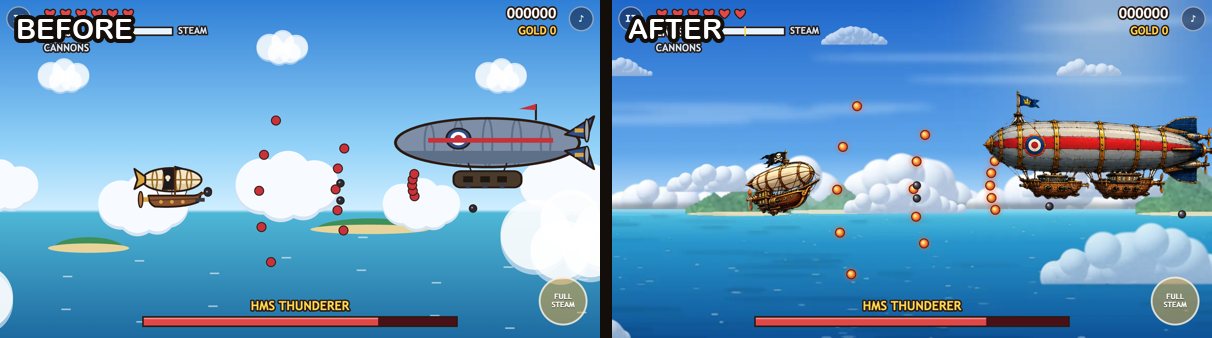 Cloud Dancer before and after. Before: a flat cartoon airship and a plain grey zeppelin over a simple sea. After: the painted pirate airship firing at HMS Thunderer, a detailed brass-banded navy zeppelin with a red war stripe, over a painted sea with soft clouds