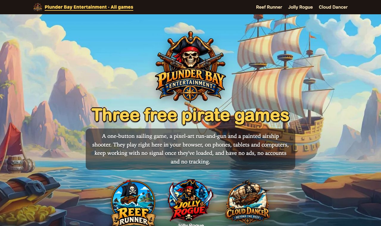 The reefrunner.us front page: the Plunder Bay Entertainment logo and the headline Three free pirate games over a painted harbour with a tall sailing ship, rocky cliffs and a treasure chest, with the Reef Runner, Jolly Rogue and Cloud Dancer logos along the bottom