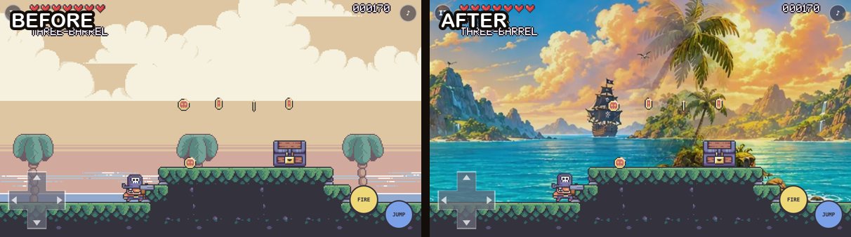 Jolly Rogue before and after. Before: the pixel pirate running on grassy platforms in front of a pale beige sky with simple pixel palm trees. After: the same pixel pirate and platforms in front of a painted tropical bay with mountains, palm trees and a pirate ship at anchor