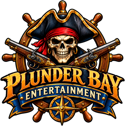 The Plunder Bay Entertainment logo: a grinning pirate skull in a black tricorn hat and red bandana over a ship's wheel and two crossed flintlock pistols, with PLUNDER BAY in gold letters, ENTERTAINMENT on a blue ribbon and a compass rose below