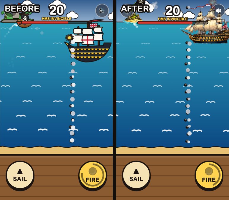 Reef Runner before and after, on a phone. Before: a flat cartoon pirate ship facing a flat cartoon man-o'-war firing a wall of cannonballs. After: a painted pirate sloop and a detailed painted three-masted HMS Invincible firing the same wall of shot