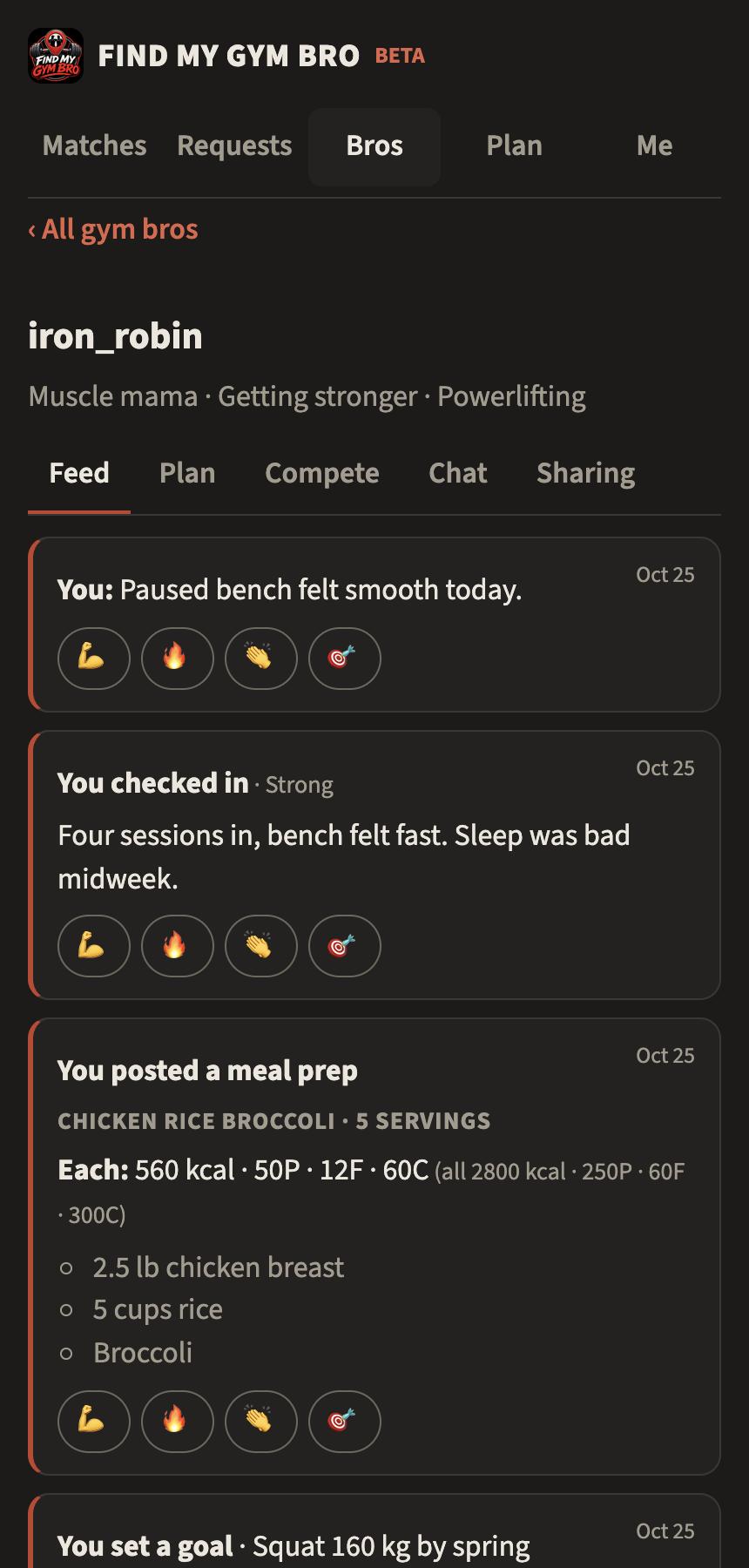 A gym bro's Feed: a posted result, a weekly check-in marked Strong, and a five-serving chicken, rice and broccoli meal prep with its macros, each with four reaction buttons