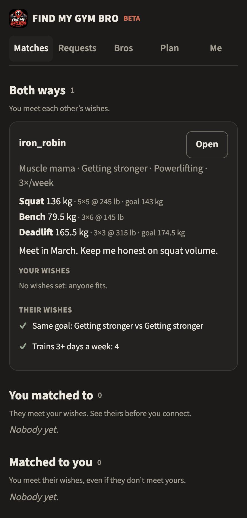 The Matches screen on a phone: a match card for a test lifter with her lifts, her about line, and a green tick next to each of her wishes