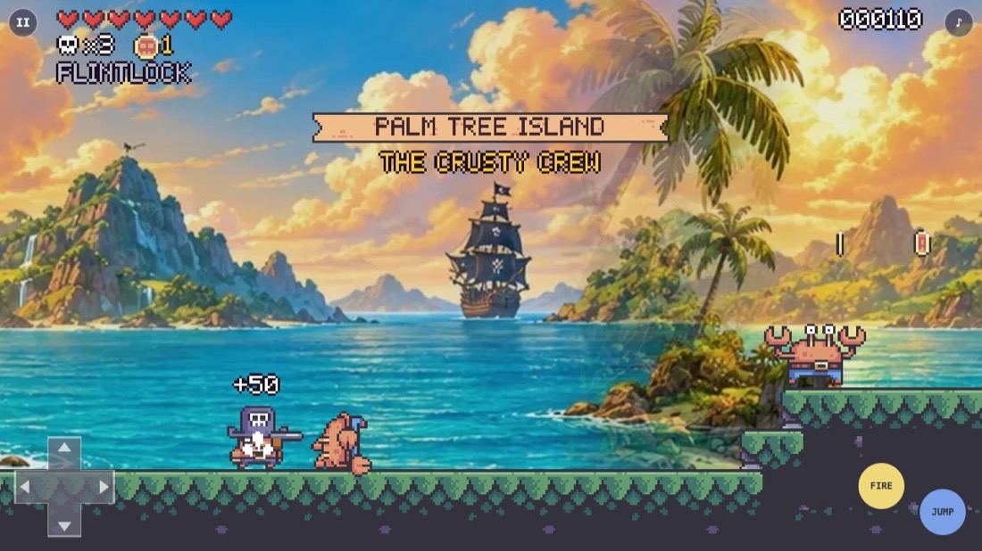 Jolly Rogue on Palm Tree Island: the pixel pirate bouncing off a deckhand he just stabbed, with +50 above his head, a pixel crab waiting on a ledge to the right, and a painted bay with a pirate ship behind them