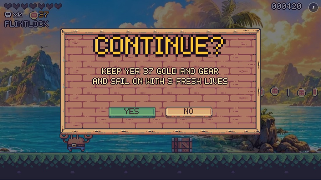 Jolly Rogue: a wooden board over Palm Tree Island reading CONTINUE? Keep yer gold and gear and sail on with 3 fresh lives, with a green YES button and a NO button