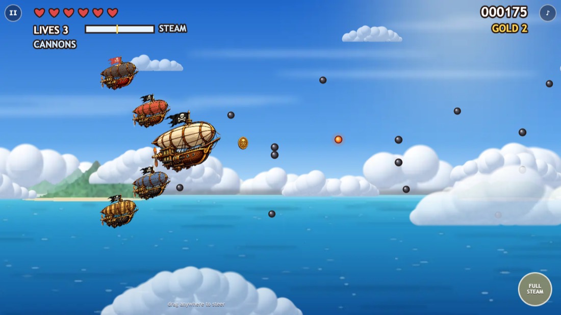 Cloud Dancer: the cream-and-wood pirate airship flying over a painted sea with four smaller pirate airships in formation around it, in red, navy, black and gold, all firing cannonballs ahead