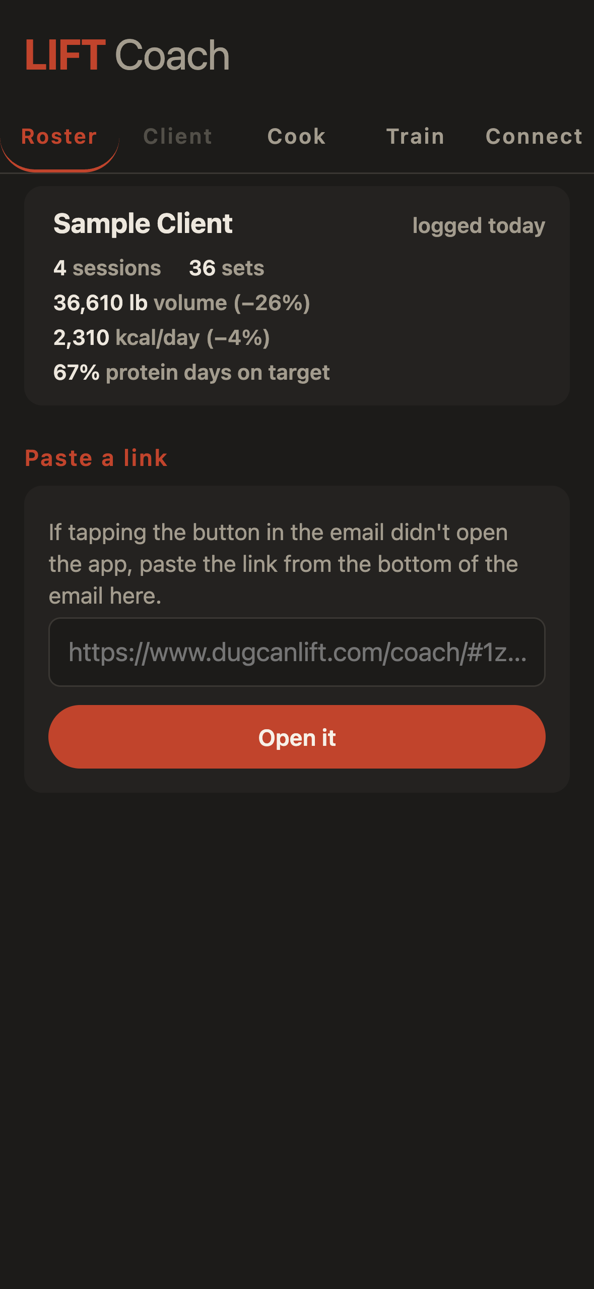 The Coach roster, showing a client with their sessions, sets, weekly volume and how often they hit their protein goal