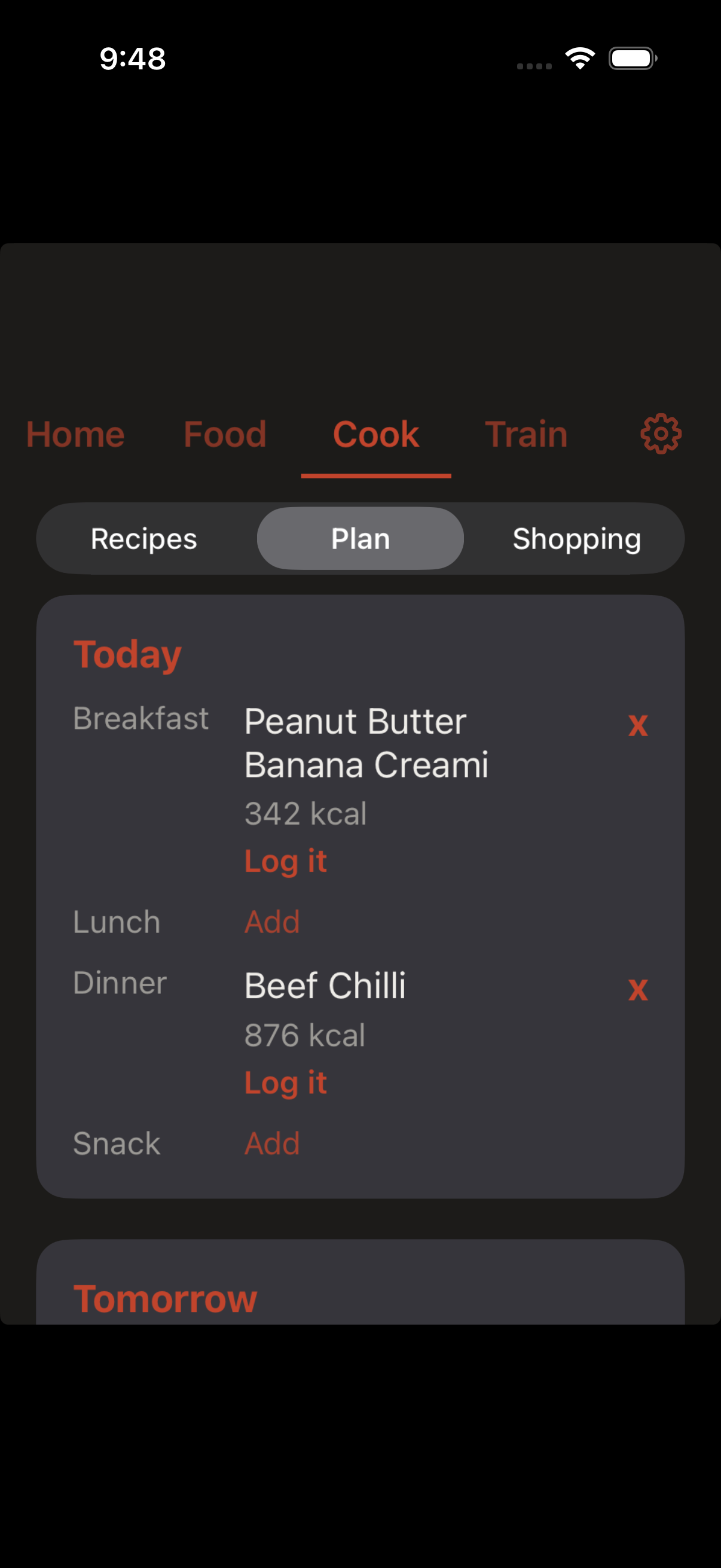 The COOK meal plan, with recipes placed on breakfast, lunch and dinner across the week