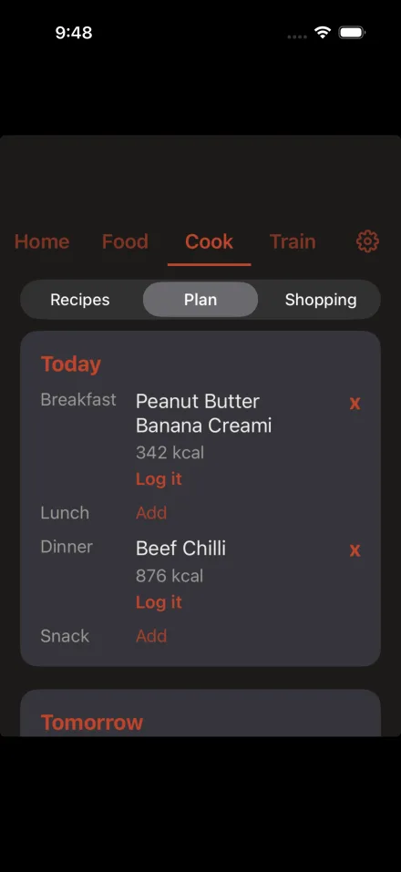 The COOK meal plan, with recipes placed on breakfast, lunch and dinner across the week
