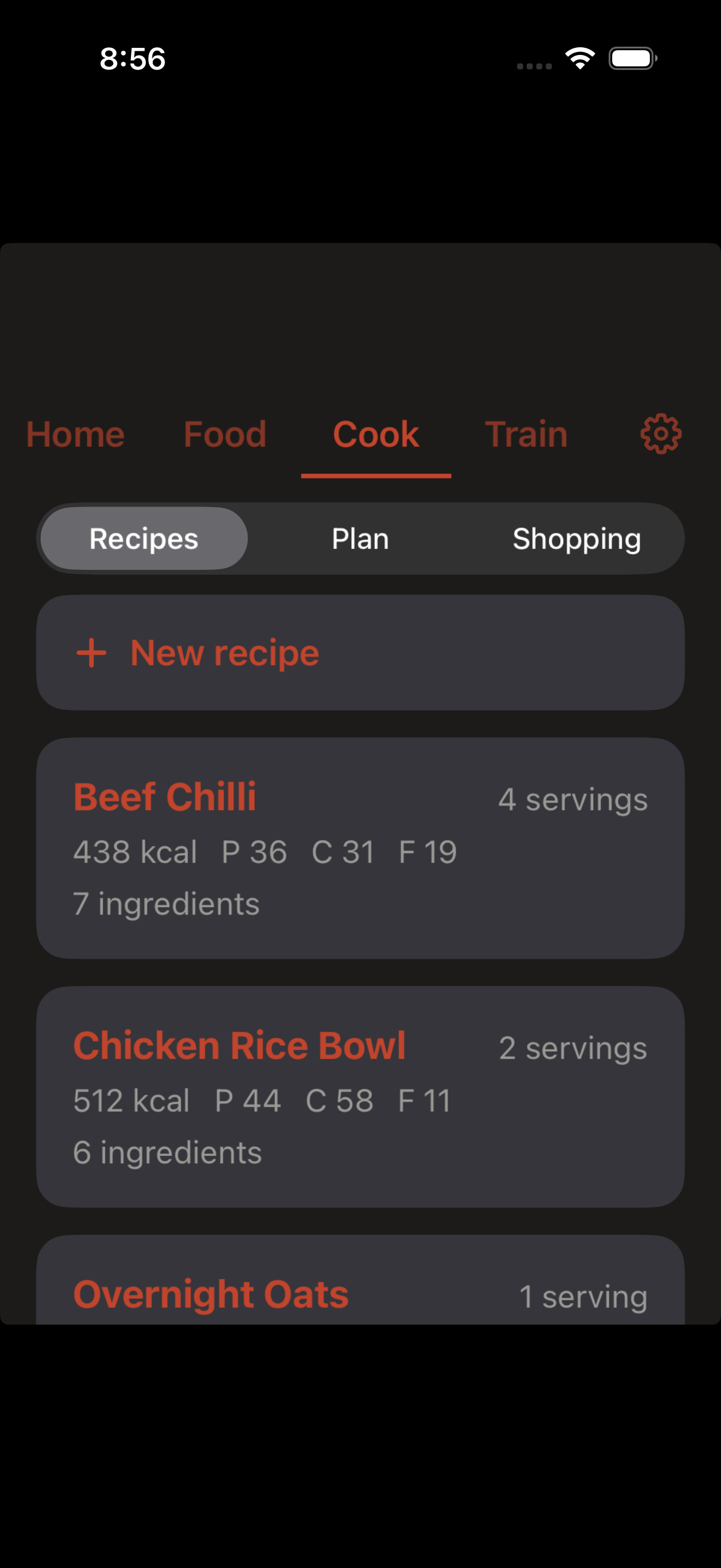 The COOK recipe list, showing saved recipes with calories and macros per serving