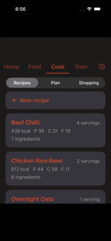 The COOK recipe list, showing saved recipes with calories and macros per serving