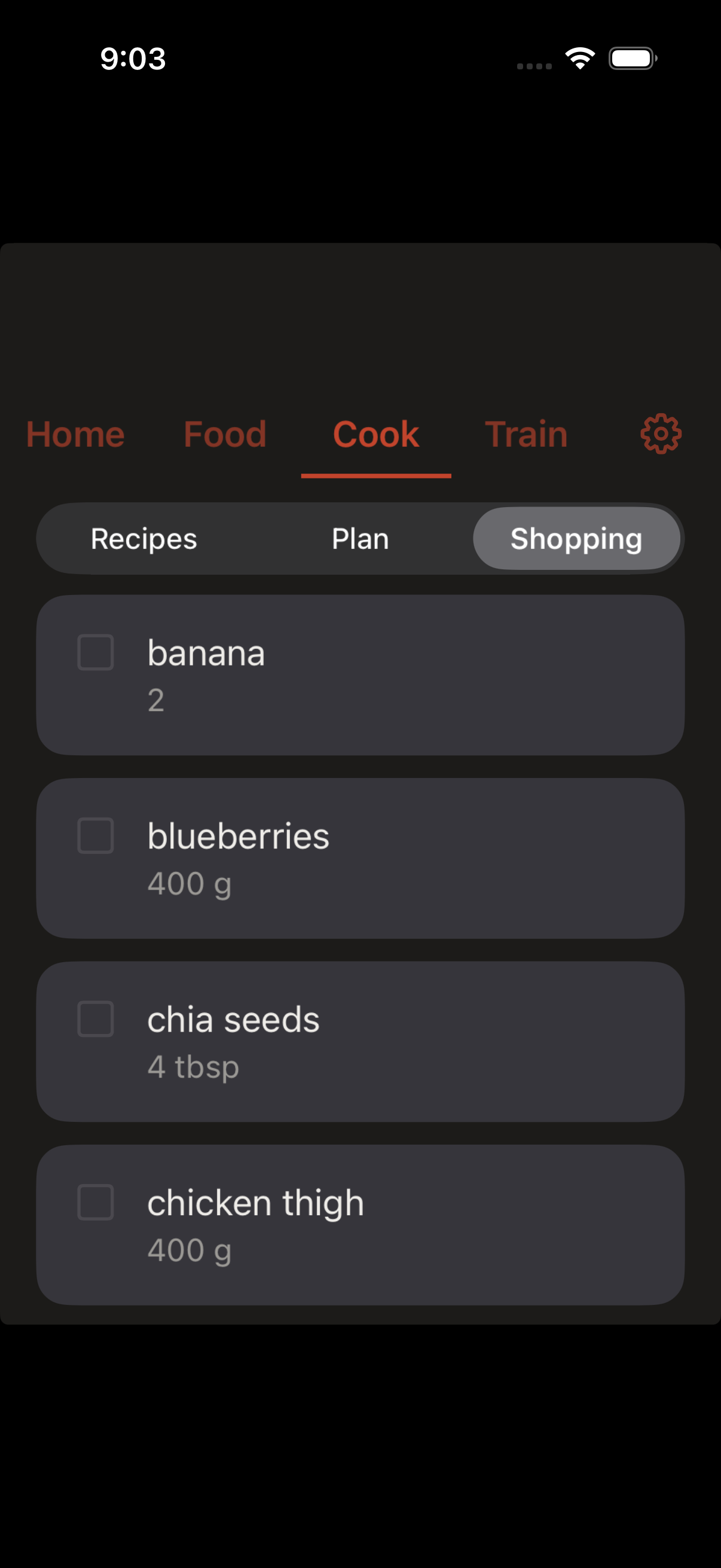 The COOK shopping list, with ingredients totalled across the planned week