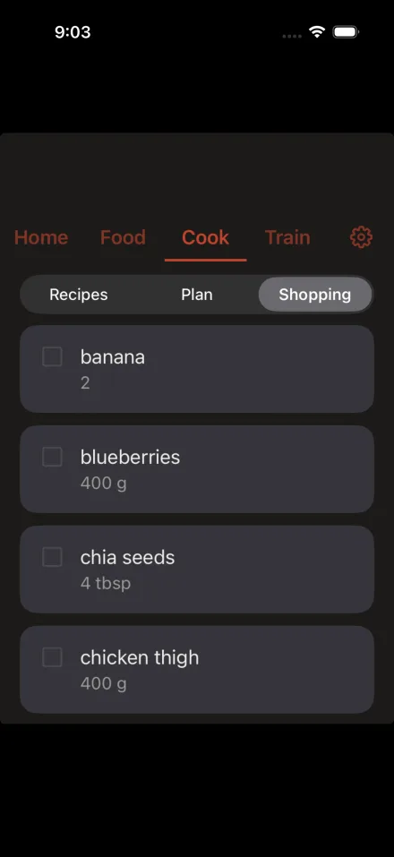 The COOK shopping list, with ingredients totalled across the planned week
