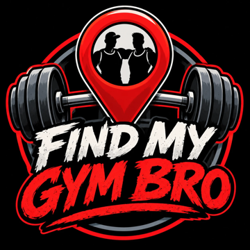 Find My Gym Bro logo: a red map pin with two lifters in it, above a barbell