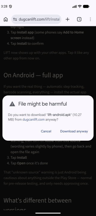 Chrome asking whether to download lift-android.apk from dugcanlift.com anyway