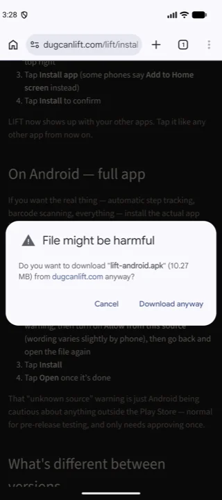 Chrome asking whether to download lift-android.apk from dugcanlift.com anyway