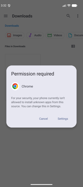 Android saying the phone is not currently allowed to install unknown apps from this source, with a Settings button