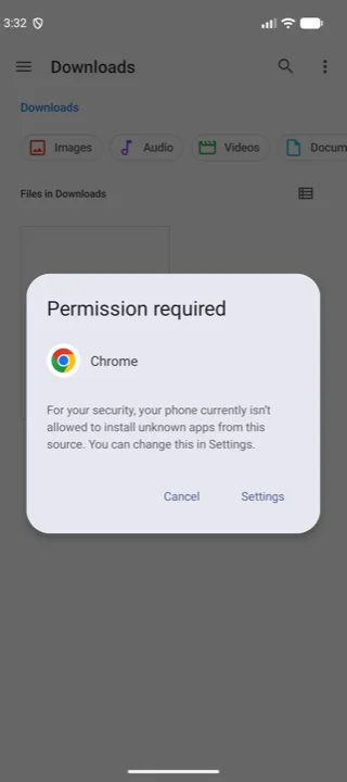 Android saying the phone is not currently allowed to install unknown apps from this source, with a Settings button