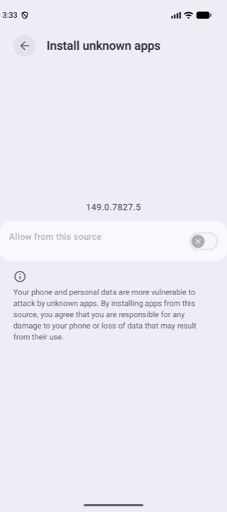The Install unknown apps settings screen with the Allow from this source switch