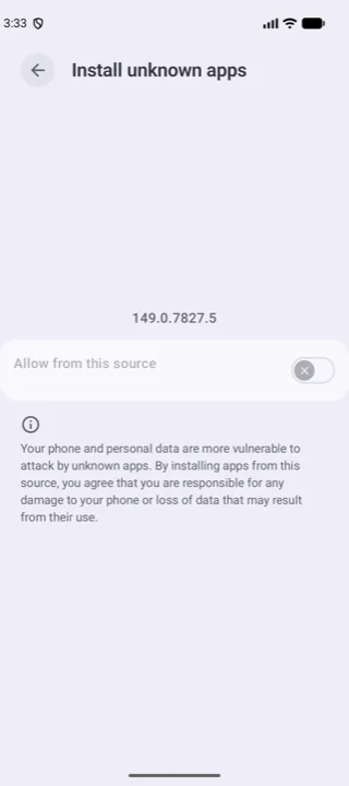 The Install unknown apps settings screen with the Allow from this source switch